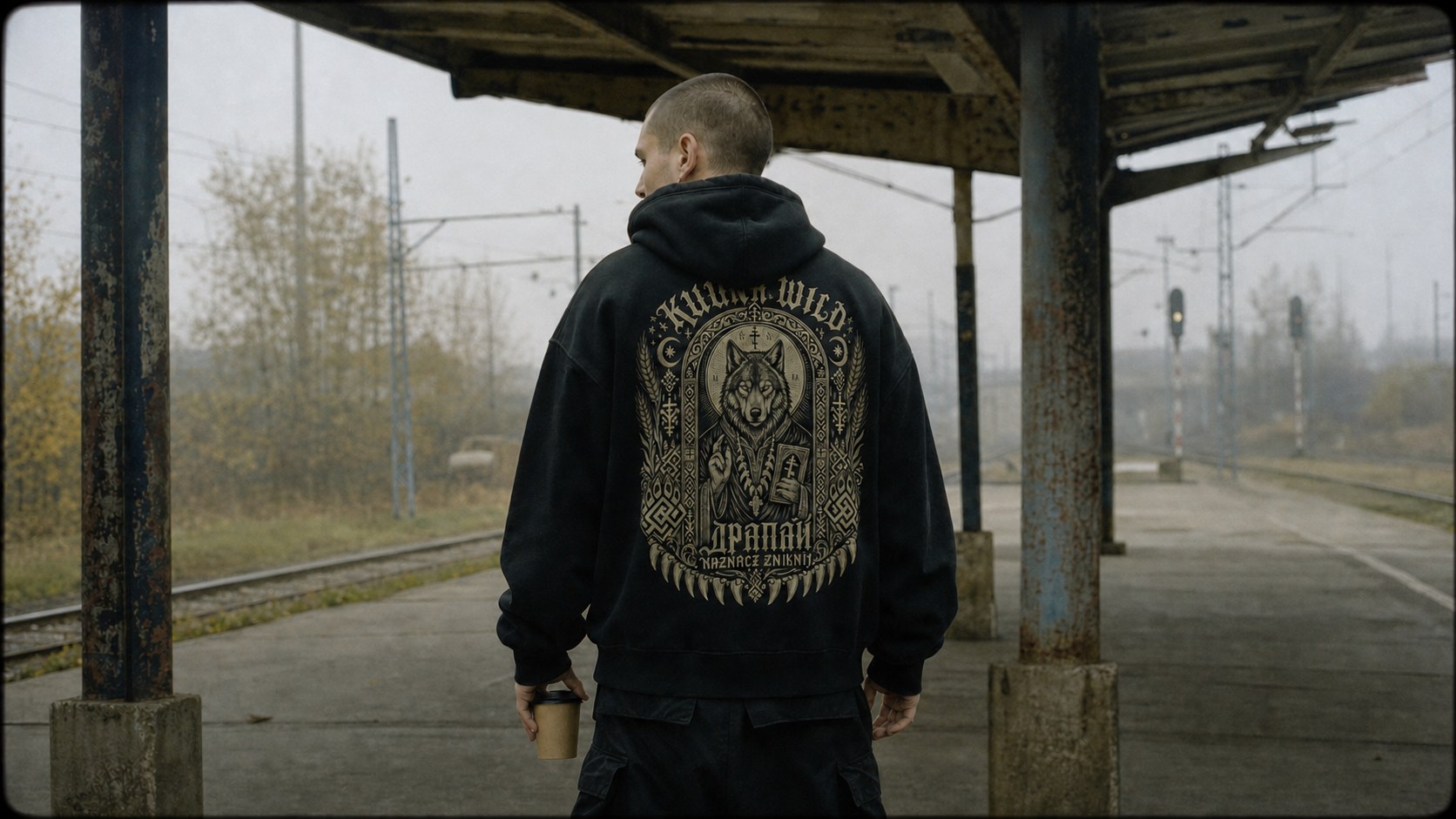 Kuuna Wild kampania — peron kolejowy o świcie, hoodie z ikoną plecową