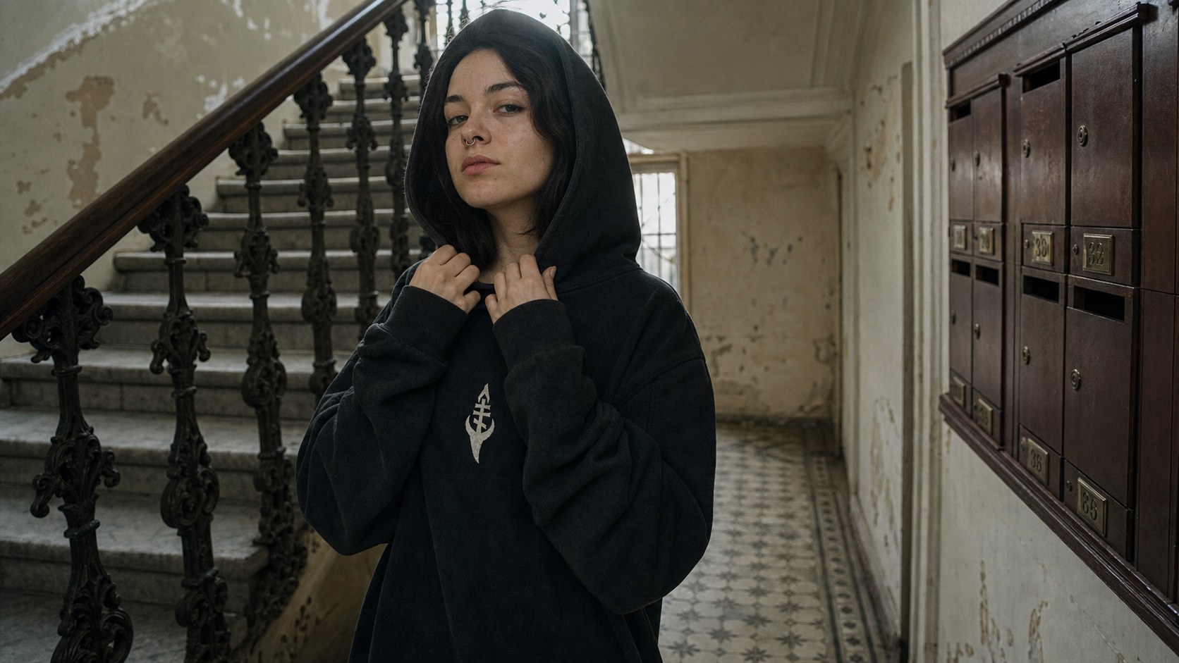 Kuuna Wild kampania — klatka schodowa kamienicy, portret w kapturze z sigilem